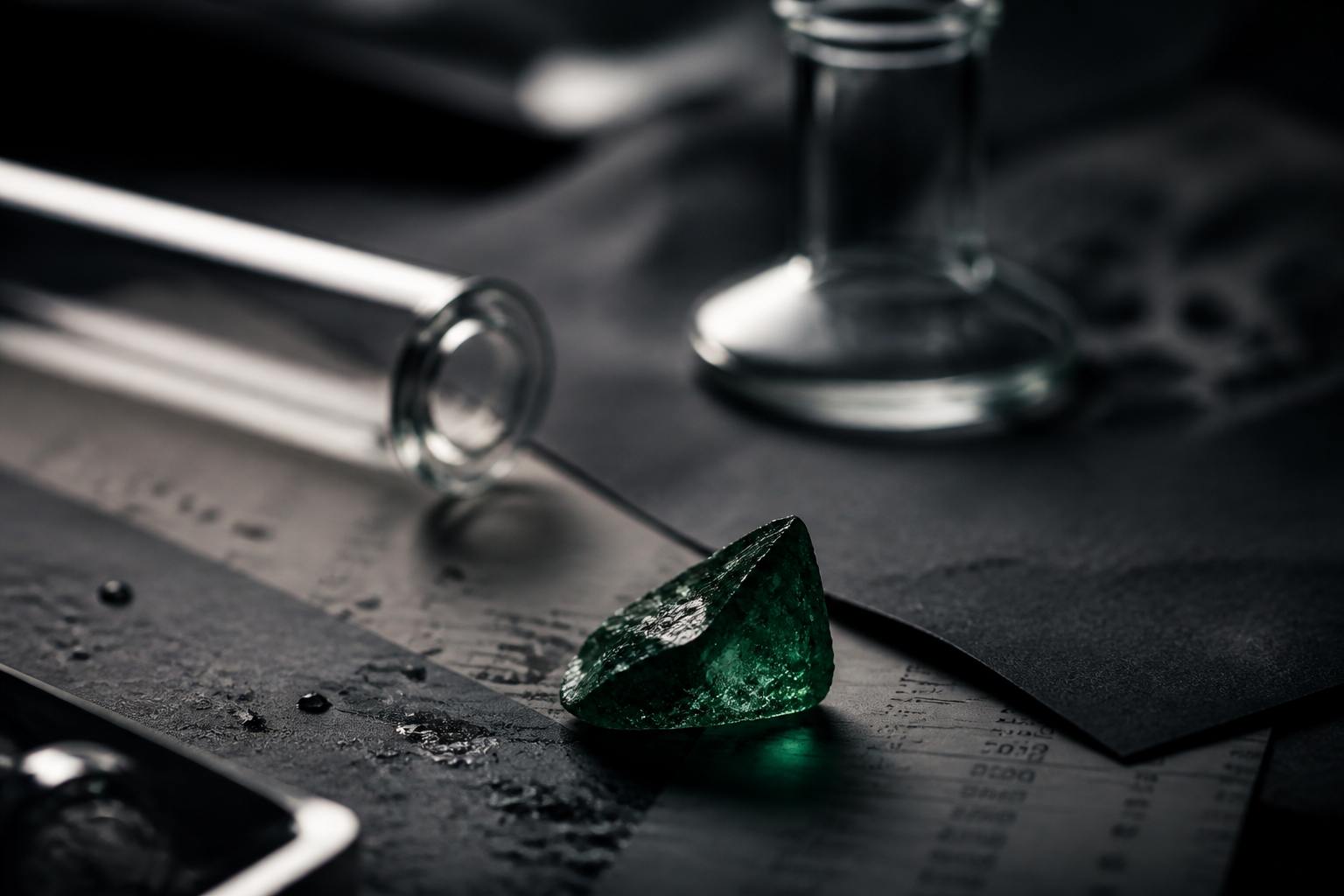 Glass still life with emerald refraction on dark paper
