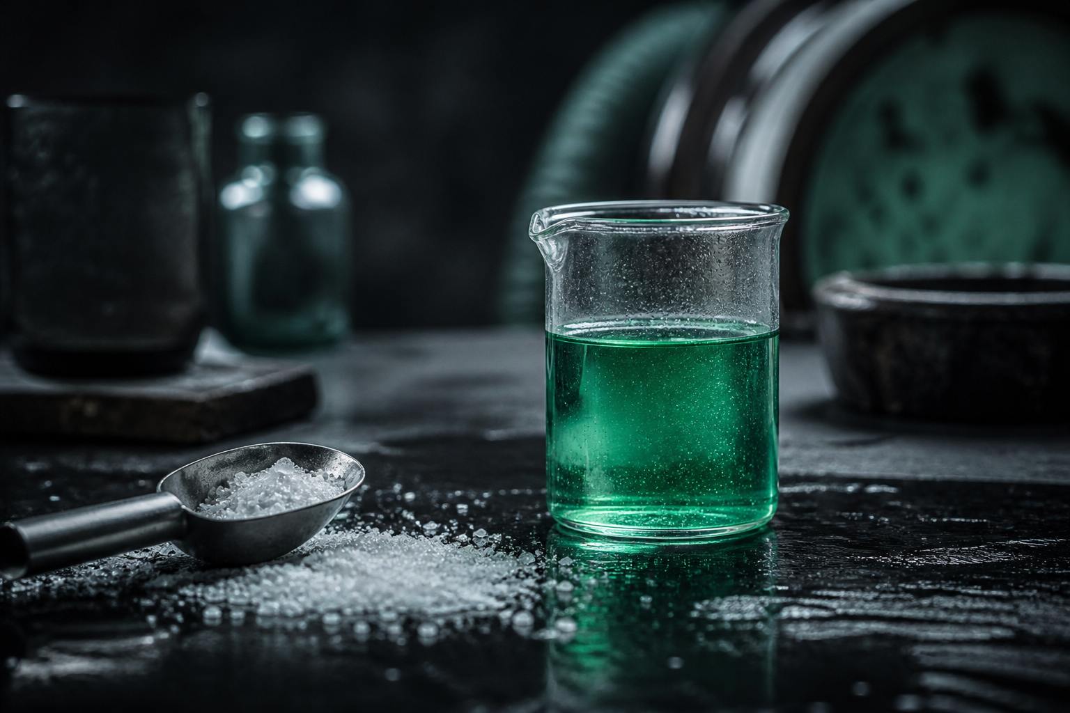 Glassware and bulk powder on a dark slate bench