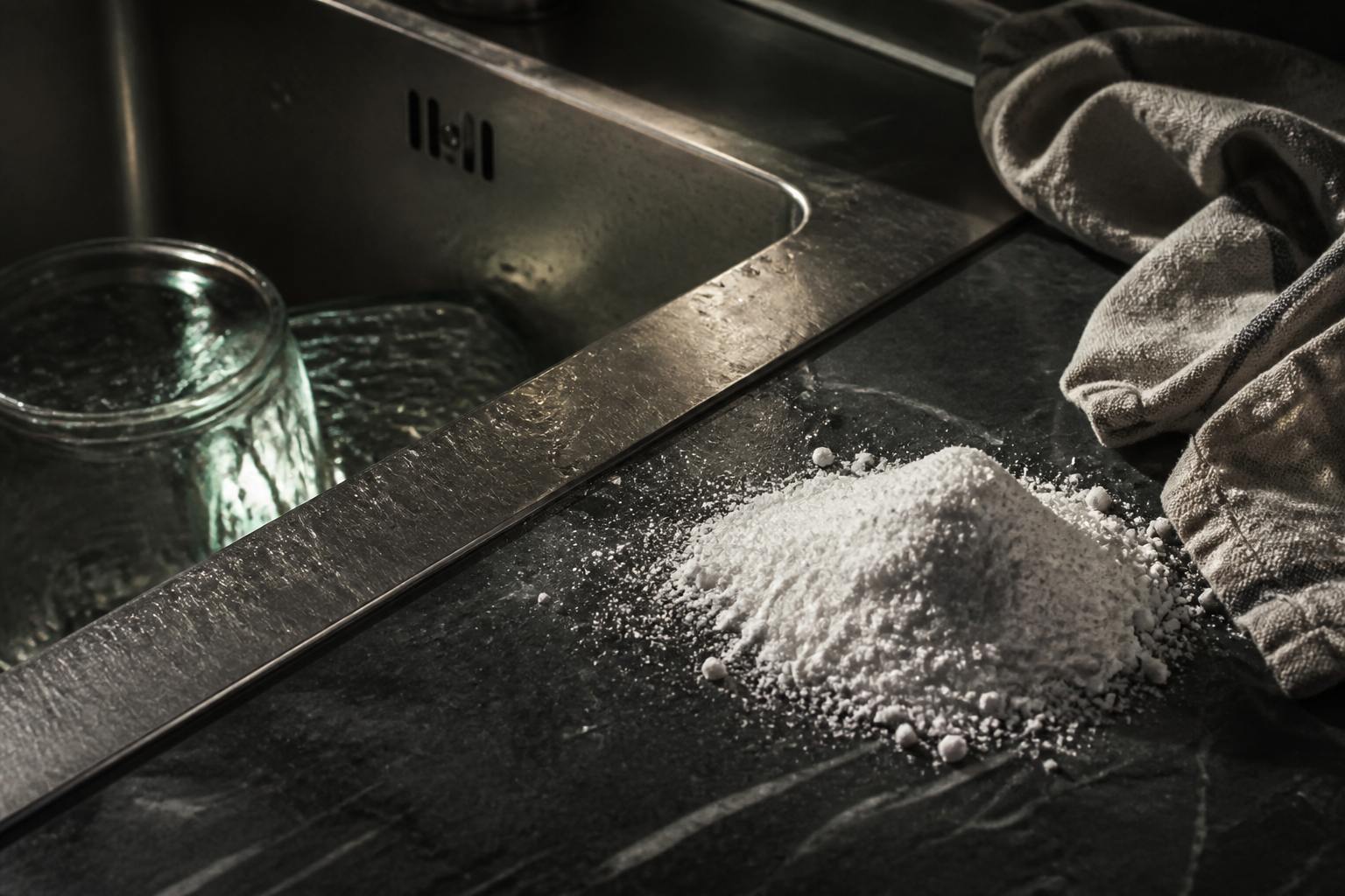 Unbranded cleaning powder beside a stainless kitchen sink