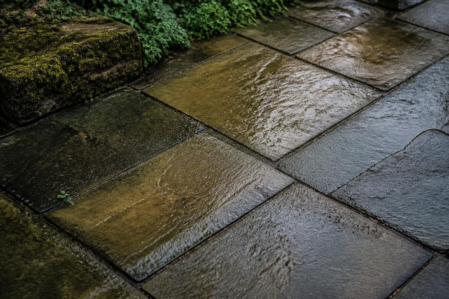 Wet British sandstone patio with algae in the joints