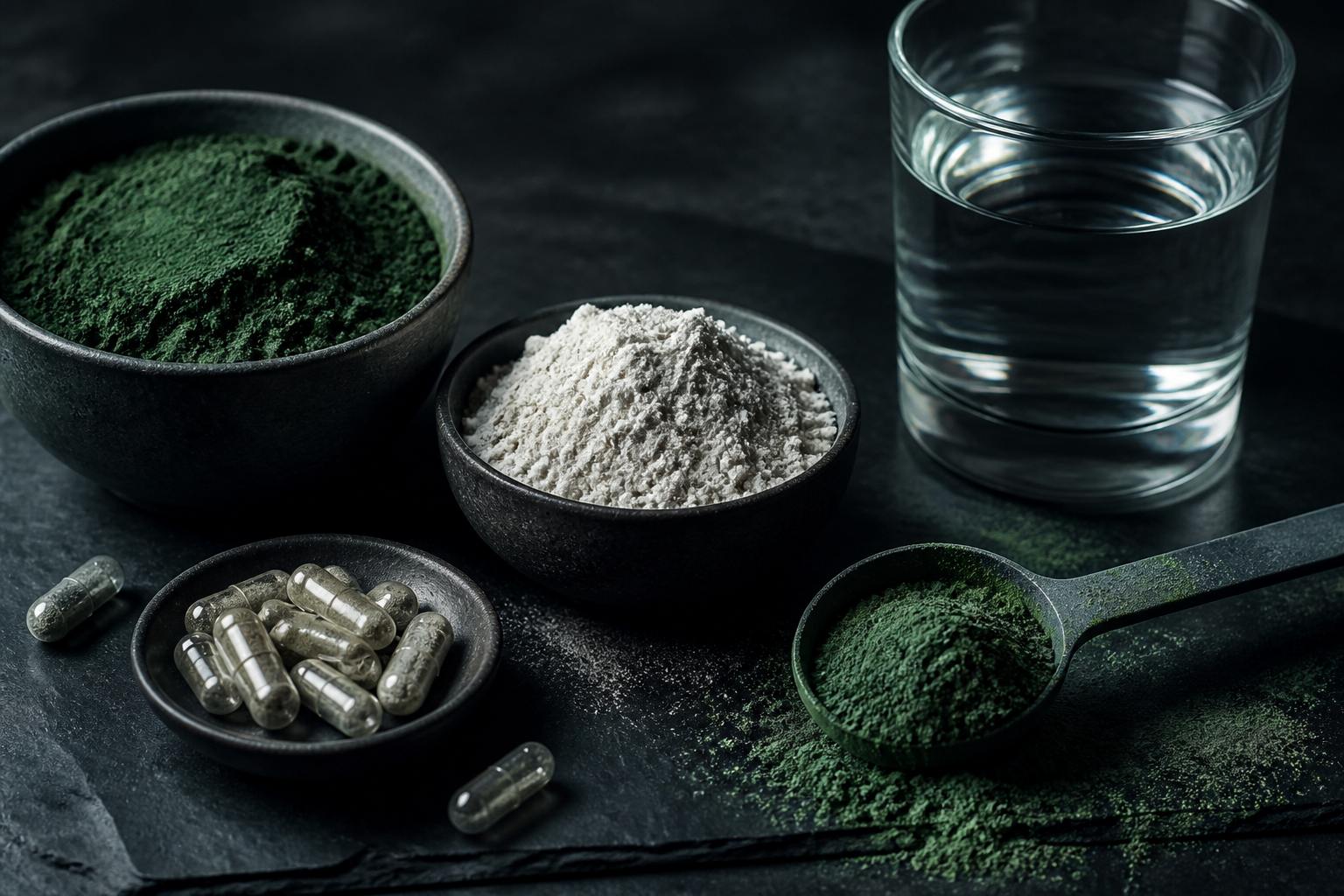 Unlabelled supplement powders and capsules on dark slate